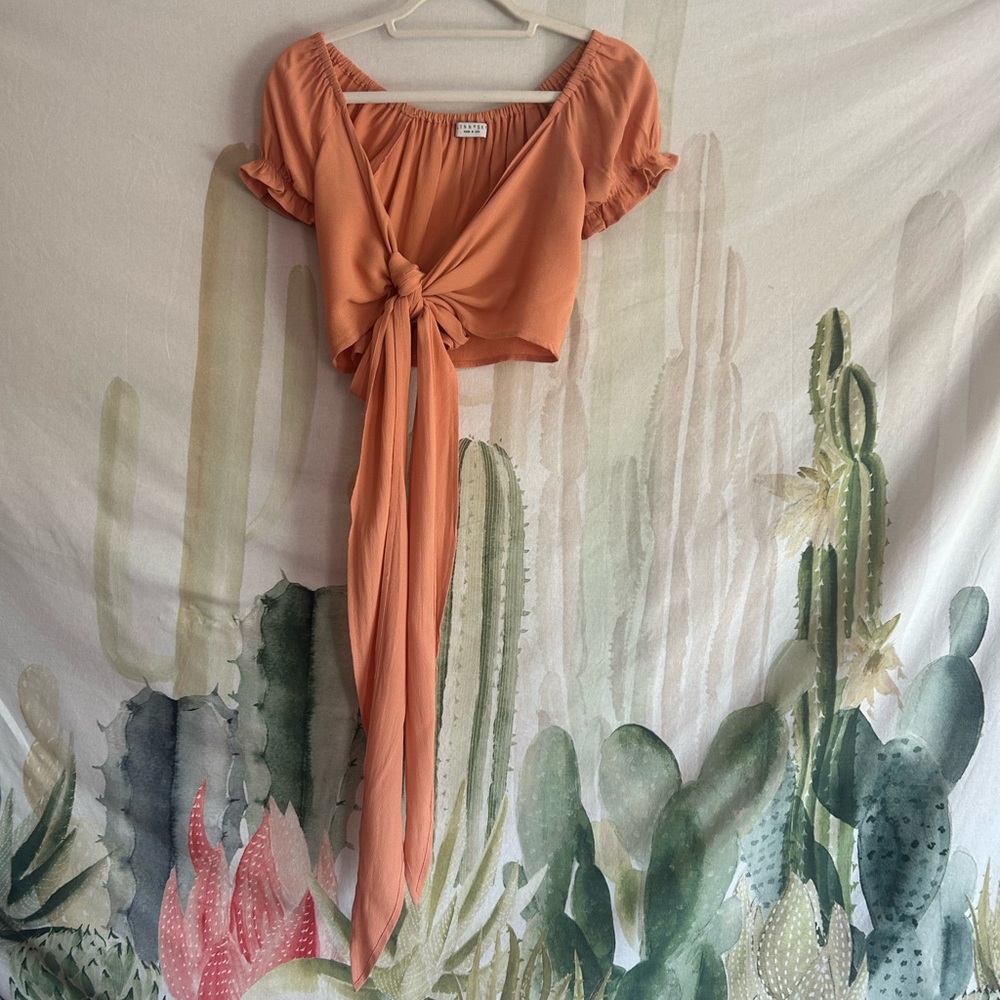 Flynn Skye Orange Flutter Sleeve Crop Top with Tie Front